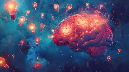 Wall Mural - Digital painting of brain with holographic light bulbs, flow of ideas, technological creativity, dark blue background.