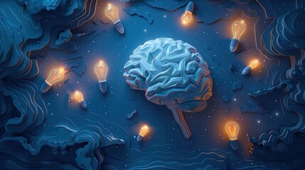 Wall Mural - Paper art brain with holographic light bulbs, flow of ideas, technological creativity, dark blue background.