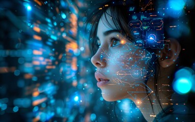 Woman working with virtual computer. Girl using modern computer surfing futuristic metaverse. Cyber world and digital data. Augmented reality, future innovative technology and programming concept