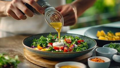 Wall Mural - Person adding dressing to a salad beside small bowls,