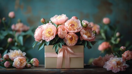 Canvas Print - Bouquet of pink peonies resting on a gift box