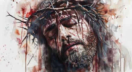 Wall Mural - Jesus' face with crown of thorns, eyes closed in tears, watercolor painting, white background