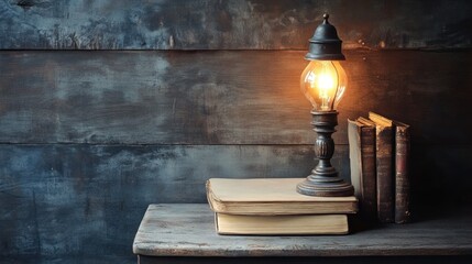 Wall Mural - Vintage Lamp and Books on Wooden Table