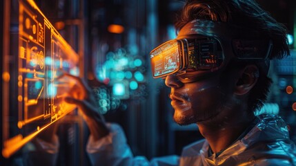 Wall Mural - A scientist wearing augmented reality glasses interacting with a holographic model of a quantum circuit, emphasizing the role of AR in quantum computing research.