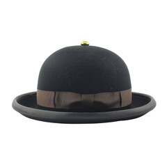 Isolated Bowler Hat with Brown Band and Green Decoration on Top.