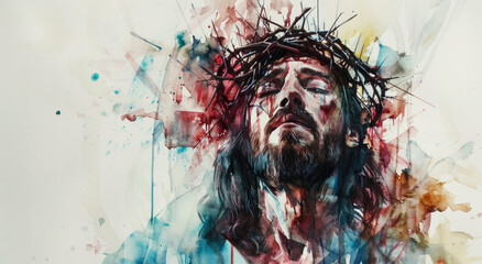 Wall Mural - Jesus' face with crown of thorns, eyes closed in tears, watercolor painting, white background