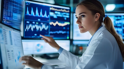 Clinical researcher analyzing statistical data on multiple screens, highlighting graphs and metrics.