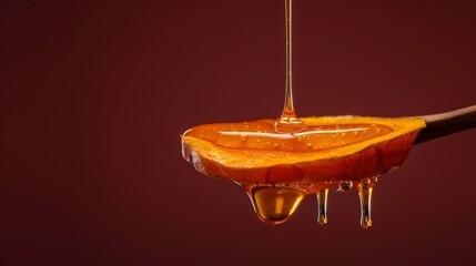 Poster - A minimalist close-up image of a turmeric cross-section with honey dripping over it, against a deep burgundy background. The strong contrast highlights the orange color of the turmeric and the reflect