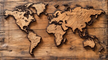 Poster - A wooden world map with a brown background and black continents, AI