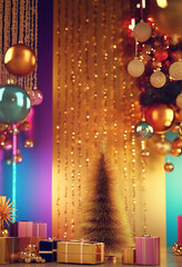 Wall Mural - A Christmas creative concept featuring a large New Year tree decorated with oversized baubles in gold, purple, pink, and blue, surrounded by gifts. The festive scene is set against a vibrant backgroun