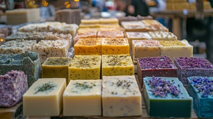 Poster - A variety of handmade soaps in vibrant colors, arranged neatly on a market stall, showcasing herbs and natural ingredients.
