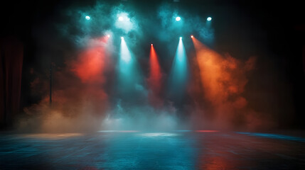 Wall Mural - A stage with three lights and a foggy atmosphere. The lights are red, blue, and green