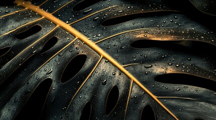 Poster - A close up of a large leaf with water droplets on it, AI