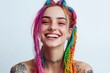 © Kateryna - Vibrant young woman with rainbow-colored braids and piercings, beaming with happiness and confidence. Generated AI