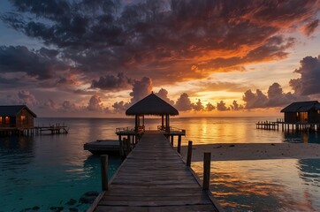 Amazing sunset panorama Maldives. Luxury resort villas pier path seascape soft led lights under colorful sky