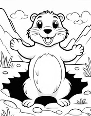 Wall Mural - black and white illustration. a cartoon groundhog leaves its burrow.