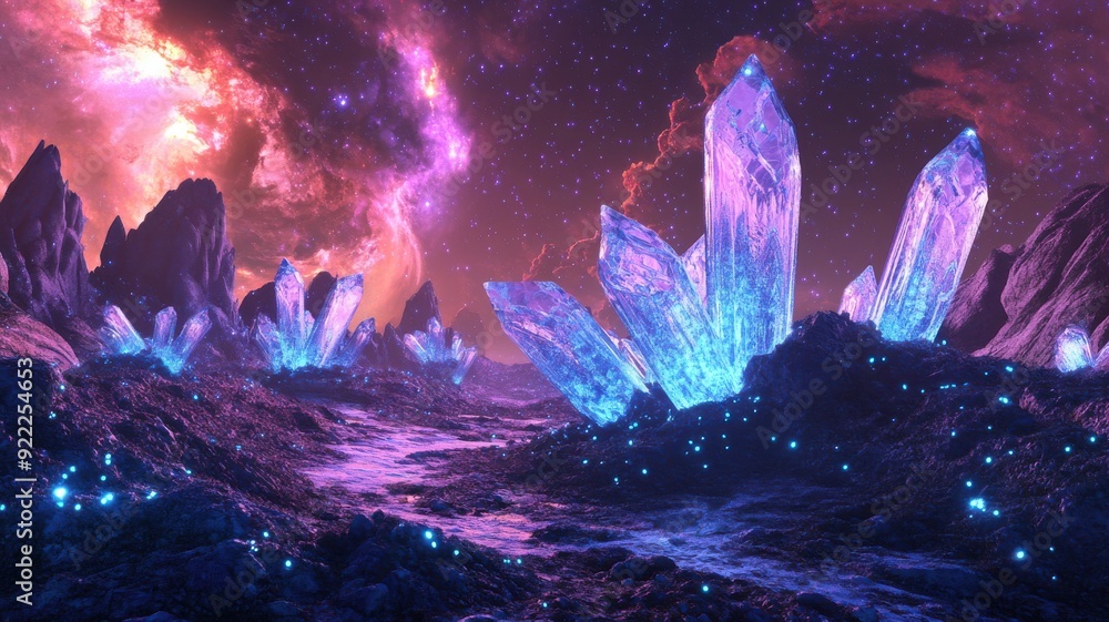 Alien landscape with bioluminescent plants and glowing crystals under ...