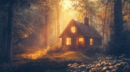 Sticker - A small house in the woods with a light shining through it, AI