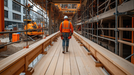 Poster - Construction worker walking on a wooden pathway in an active construction site, surrounded by scaffolding and heavy machinery.