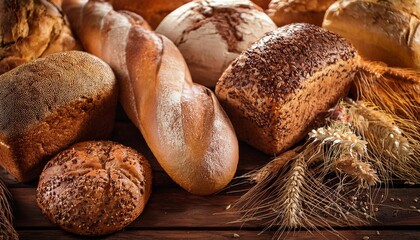 Different kinds of bread with nutrition whole grains on wooden background. Food and bakery in kitchen concept. Delicious breakfast gouemet and meal.