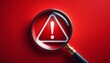 © Cynthia - Magnifier magnifying exclamation mark on red background. Alert and precaution concept. Caution and risk management security signal announcement hazard and dangerous notice symbol