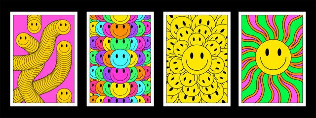 Aufkleber - Set Of Cool Y2k Smile Posters Pop Art Design. Trendy Groovy Psychedelic Illustrations. Collection Of Acid Rave Patterns.