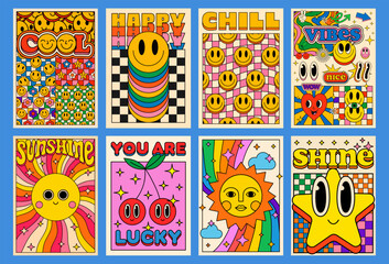 Poster - Collection Of Cool 70s Groovy Posters. Set Of Retro Vintage Psychedelic Funky Placards. Y2k Comic Funny Smile Characters.