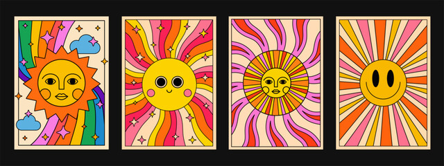 Aufkleber - Sunshine Cute Smile Poster Vector Design. Cool Groovy Placards Collection. Y2k Pop Art Illustration.