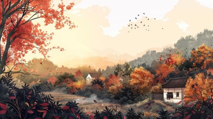 Sticker - A serene autumn landscape with vibrant foliage, a quaint house, and distant mountains.