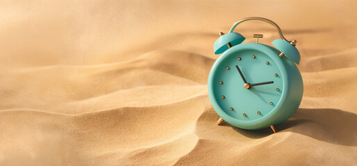 Turquoise Vintage Alarm Clock Nestled in Golden Sand Dunes Depicting the Passage of Time, Urgency, and the Fleeting Nature of Moments with a Retro Charm and Serene Desert Aesthetic