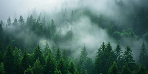 Aerial view of a misty fir forest with glowing sun light a foggy, nature landscape at sunrise. A scenic dreamy dawn background
