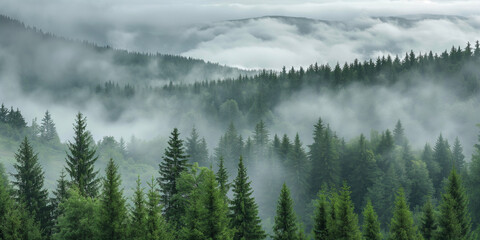 Aerial view of a misty fir forest with glowing sun light a foggy, nature landscape at sunrise. A scenic dreamy dawn background
