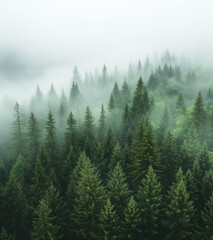  Aerial view of a misty fir forest with glowing sun light a foggy, nature landscape at sunrise. A scenic dreamy dawn background
