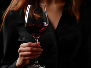 A woman is holding a wine glass with a red liquid in it