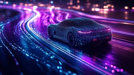 Poster - A futuristic car illuminated by vibrant neon lights on a dynamic roadway.