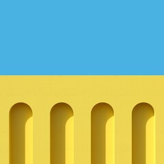 Yellow colors Minimal arch Building contrast blue sky with clouds. 3D Rendering. Minimal idea concept.