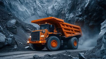 Large orange dump truck in a rocky open-pit mine or quarry with rugged cliffs and dust in the air.