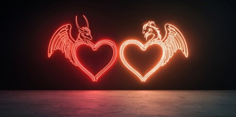 Decorative neon sign of Angel and Devil hearts isolated on the wall for decoration.