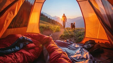 Wall Mural - Camping Sunrise with Mountains and Dog