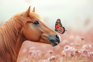 Canvas Print - A startled horse, frozen in its tracks, as it sees a butterfly hovering near its nose, set against a pastel peach background,