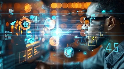 Wall Mural - an individual analyzes digital data using advanced technology in a modern office environment, illumi