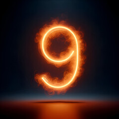 Wall Mural - 3d orange neon number 9