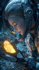 Wall Mural - female astronaut observing glowing crystal on alien planet
