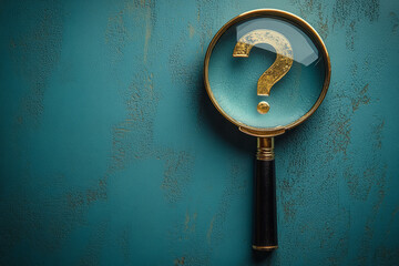 Aufkleber - A question mark with a magnifying glass, symbolizing investigation, set against a pastel mint green background,