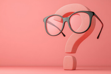 Aufkleber - A question mark with a pair of eyeglasses perched on it, symbolizing deep thinking, set against a pastel pink background,