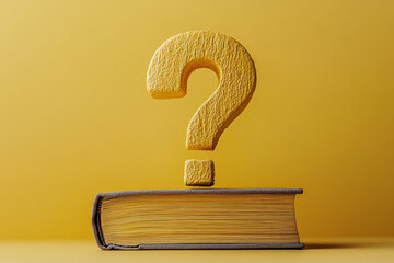 Aufkleber - A question mark with a small book underneath, symbolizing the search for knowledge, set against a pastel yellow background,
