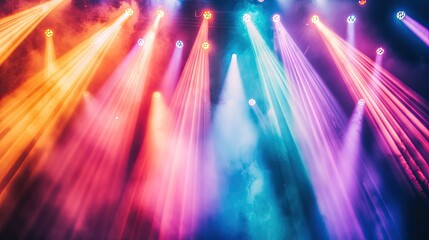 bright concert stage lights in various colors, creating a vibrant atmosphere for a music festival