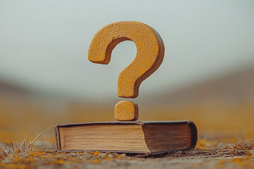 Aufkleber - A question mark with a small book underneath, symbolizing the search for knowledge, set against a pastel yellow background,