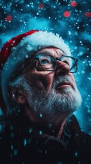 Canvas Print - Senior man wearing santa hat looking up at falling snow