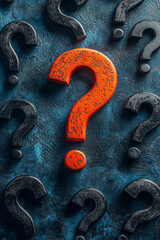 Poster - A group of black question marks, with one bold and red in the center, isolated on a pastel blue background,